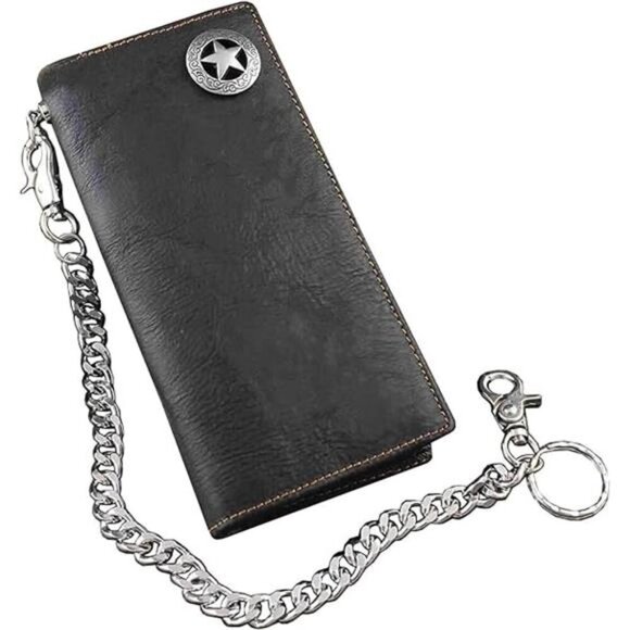 Biker Rock Star Concho Mens Card Money Long Black Real Leahter Wallet With Chain - Picture 7 of 7